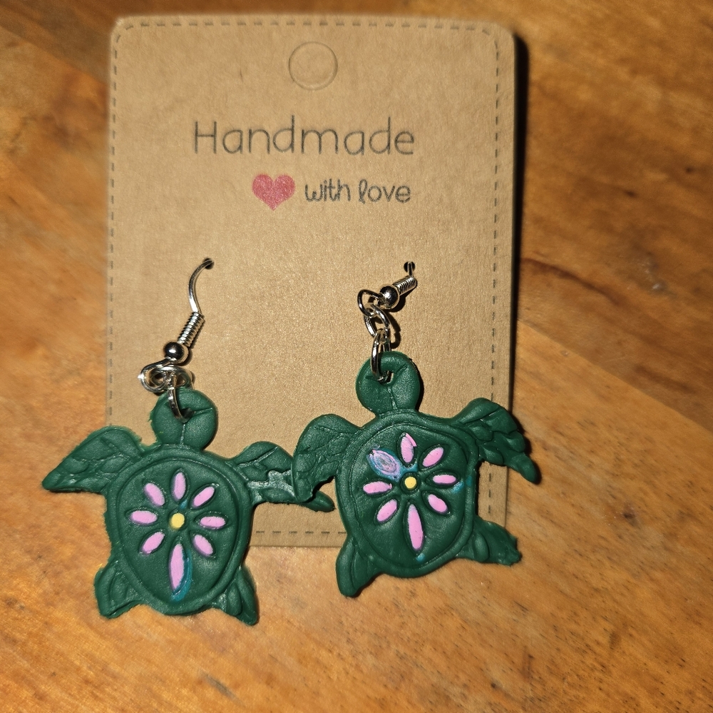 Dark Green Floral Turtle Earrings, Polymer Clay Lightweight Casual Every Day